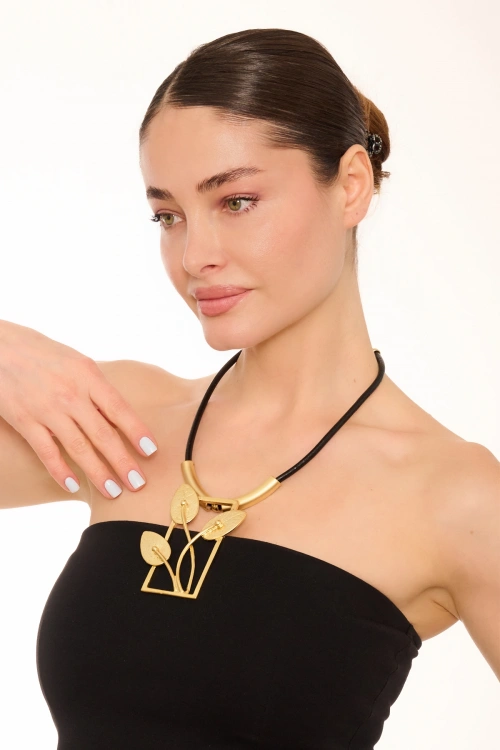 Kiraz Leather Gold Plated Leaf Necklace