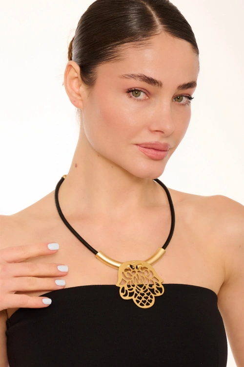 Kiraz Leather Gold Plated Fatmas Hand Necklace