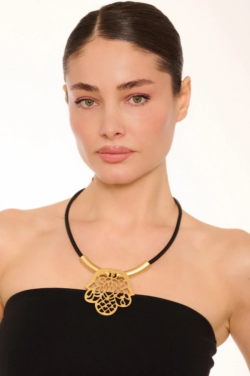 Kiraz Leather Gold Plated Fatmas Hand Necklace