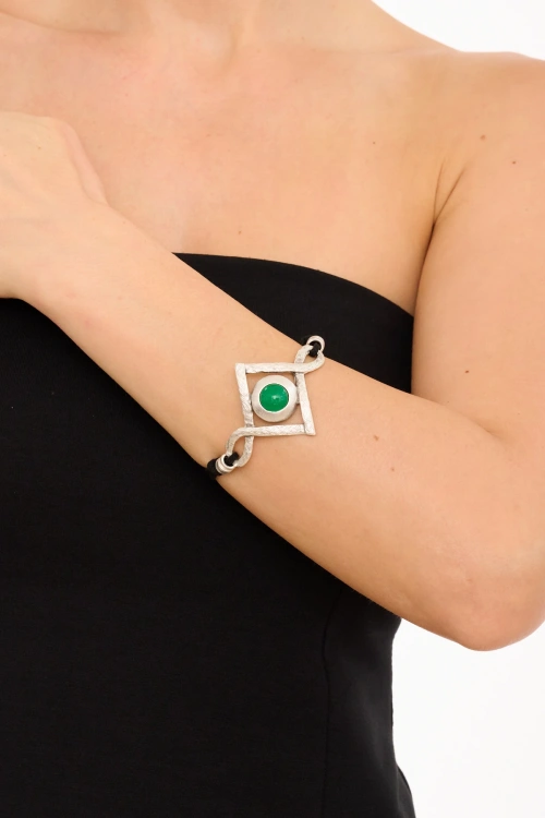 Kiraz Leather Green Stoned Silver Plated Bracelet