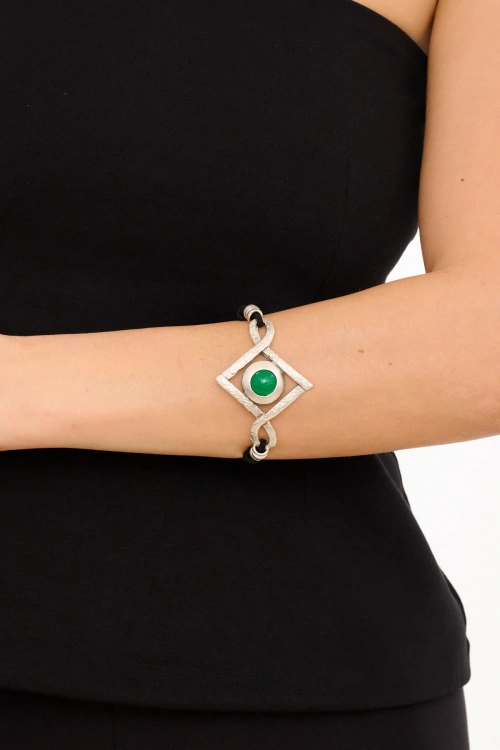 Kiraz Leather Green Stoned Silver Plated Bracelet