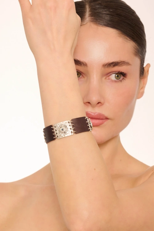 Kiraz Leather Navy Blue Crystal Stoned Silver Plated Bracelet