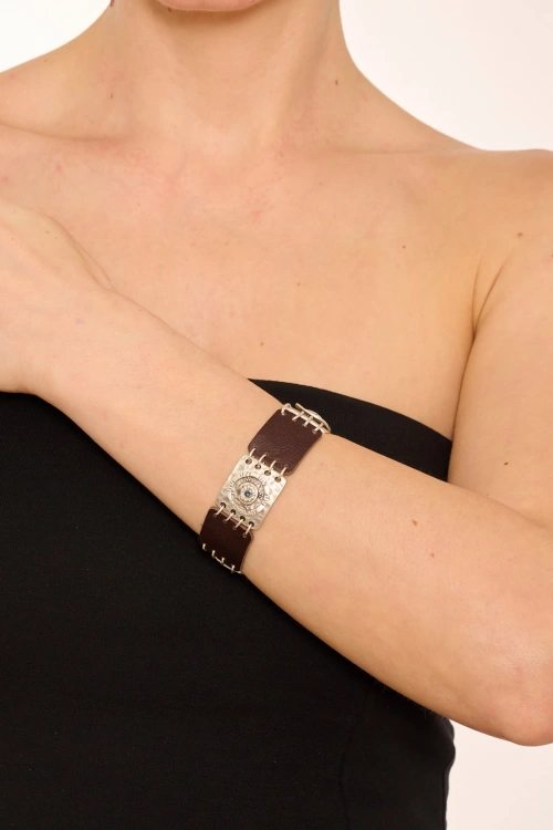 Kiraz Leather Navy Blue Crystal Stoned Silver Plated Bracelet