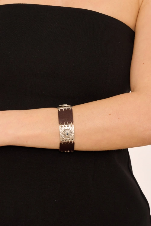 Kiraz Leather Navy Blue Crystal Stoned Silver Plated Bracelet