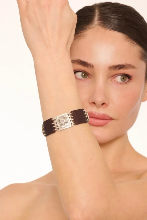 Kiraz Leather Pink Crystal Stoned Silver Plated Bracelet