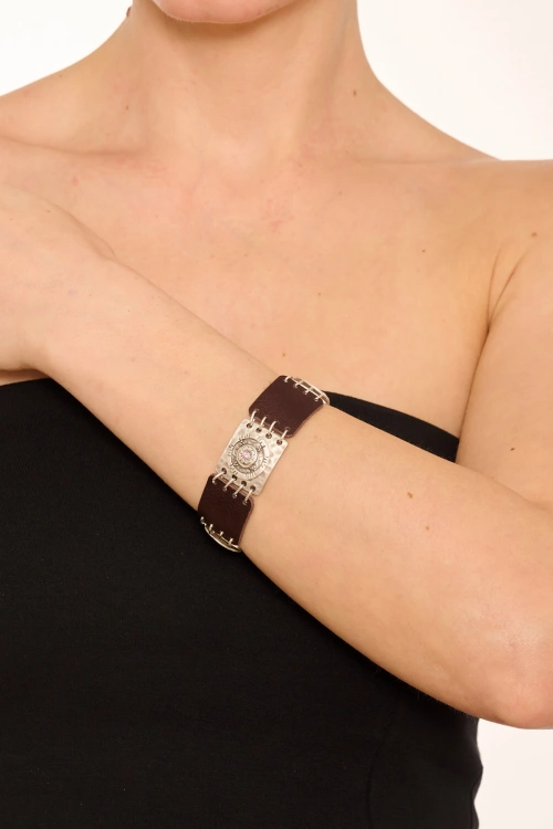 Kiraz Leather Pink Crystal Stoned Silver Plated Bracelet