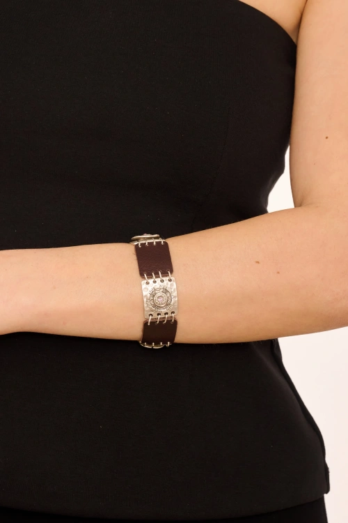 Kiraz Leather Pink Crystal Stoned Silver Plated Bracelet