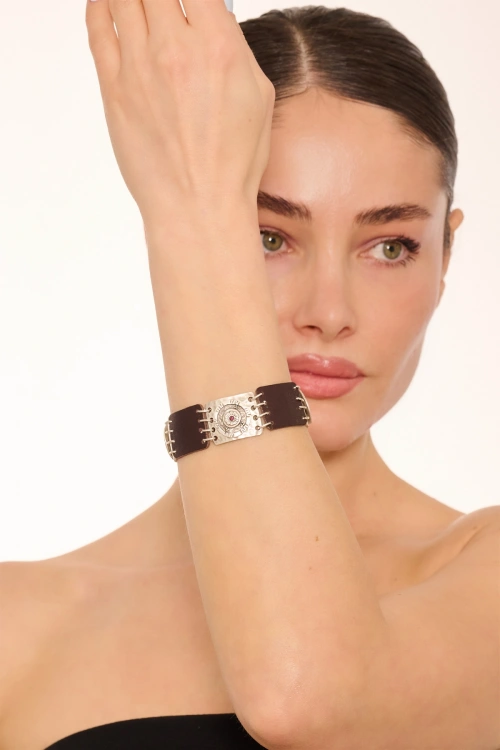 Kiraz Leather Purple Crystal Stoned Silver Plated Bracelet