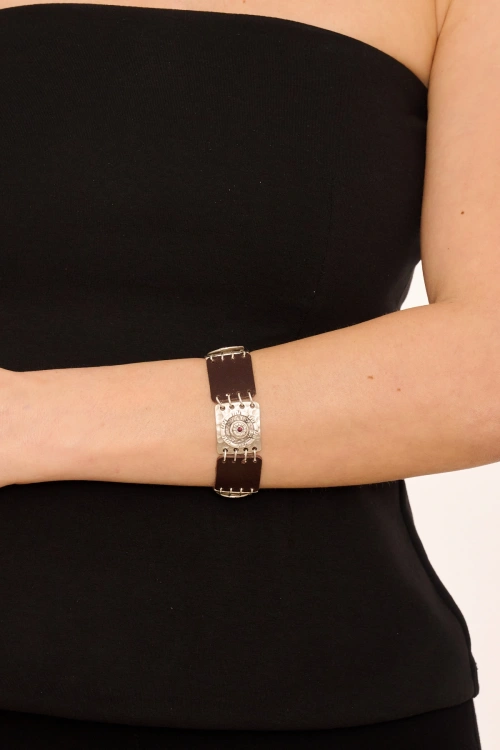 Kiraz Leather Purple Crystal Stoned Silver Plated Bracelet