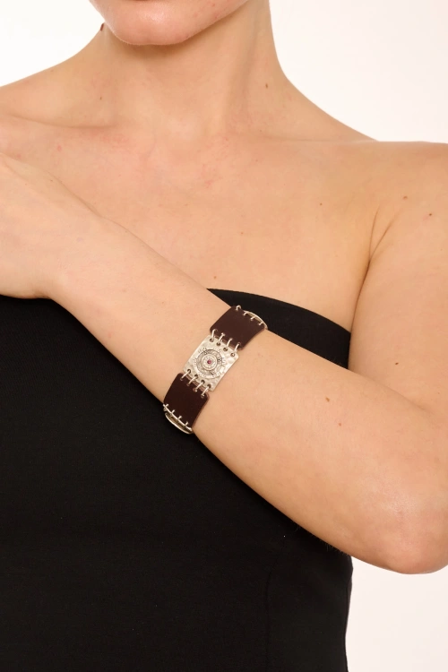 Kiraz Leather Purple Crystal Stoned Silver Plated Bracelet