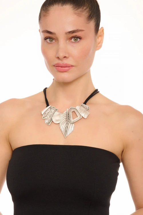 Kiraz Leather Silver Plated Leaf Necklace