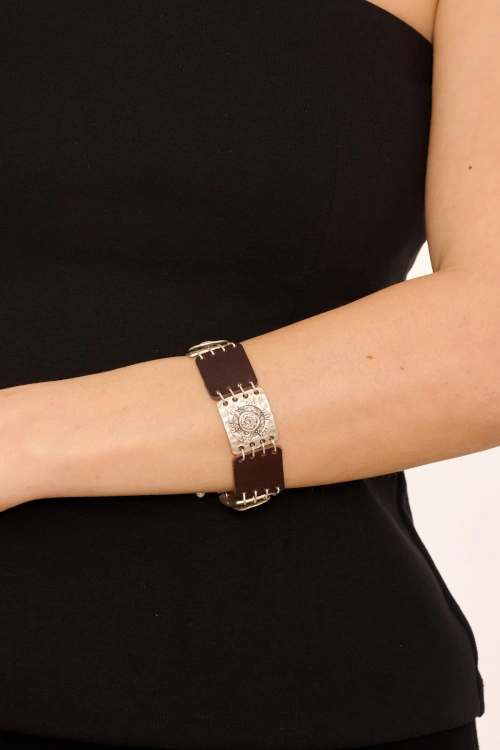 Kiraz Leather Smoked Crystal Stoned Silver Plated Bracelet