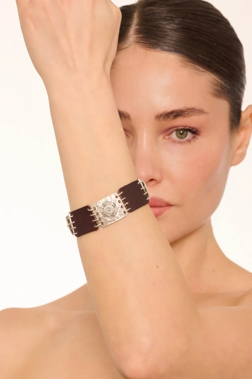 Kiraz Leather Smoked Crystal Stoned Silver Plated Bracelet