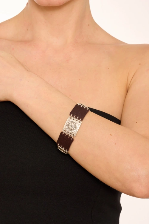 Kiraz Leather Smoked Crystal Stoned Silver Plated Bracelet