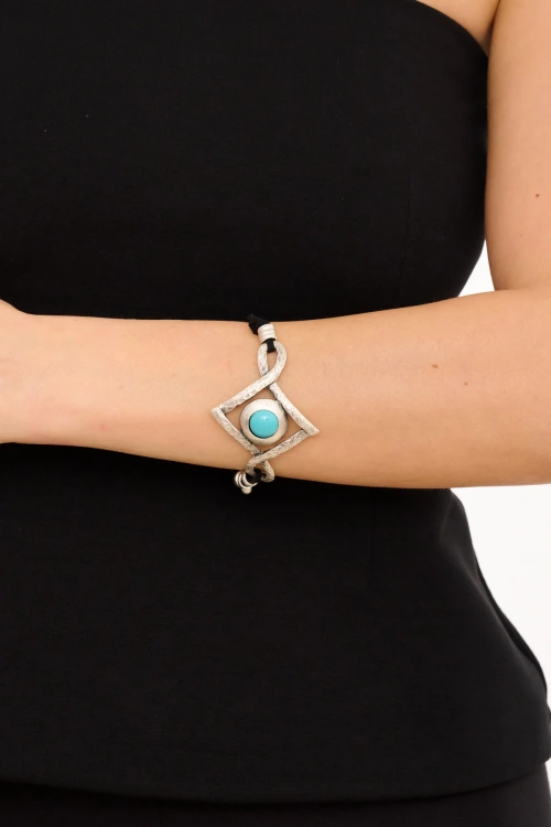Kiraz Leather Turquoise Stoned Silver Plated Bracelet