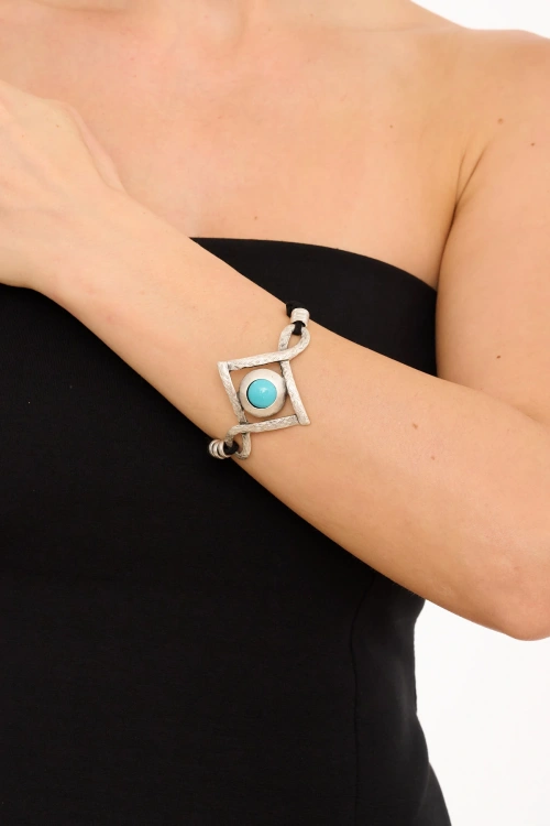 Kiraz Leather Turquoise Stoned Silver Plated Bracelet