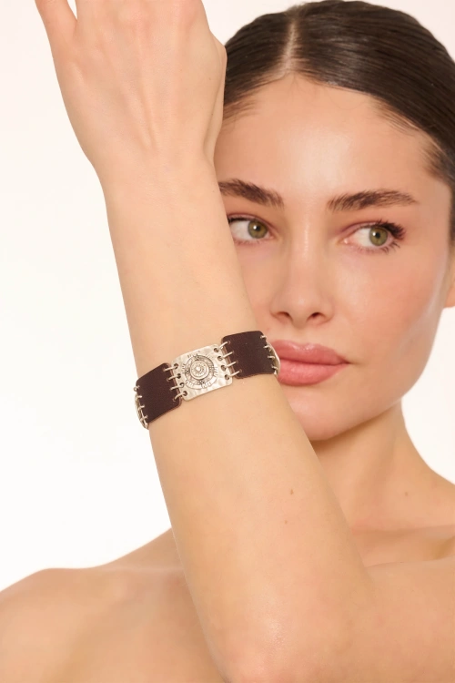 Kiraz Leather White Crystal Stoned Silver Plated Bracelet