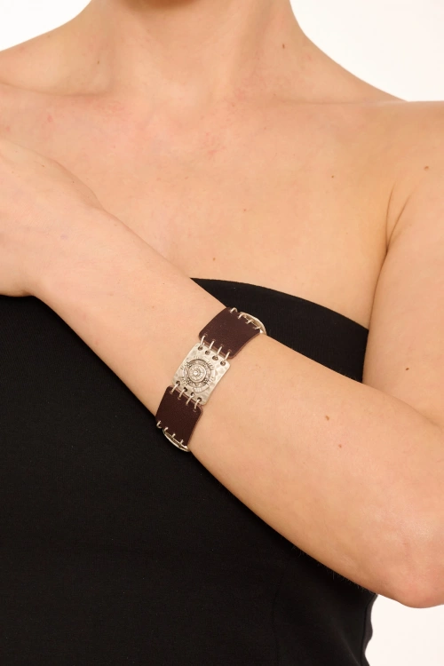 Kiraz Leather White Crystal Stoned Silver Plated Bracelet