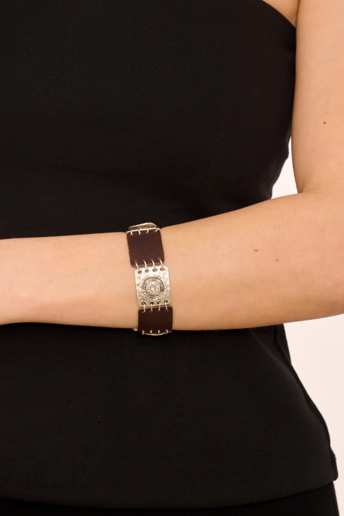 Kiraz Leather White Crystal Stoned Silver Plated Bracelet