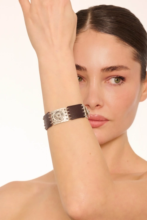 Kiraz LeatherHematite Crystal Stoned Silver Plated Bracelet