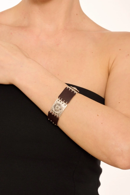 Kiraz LeatherHematite Crystal Stoned Silver Plated Bracelet