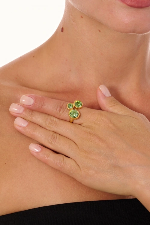 Kiraz Light Green Crystal Stoned Gold Plated Ring