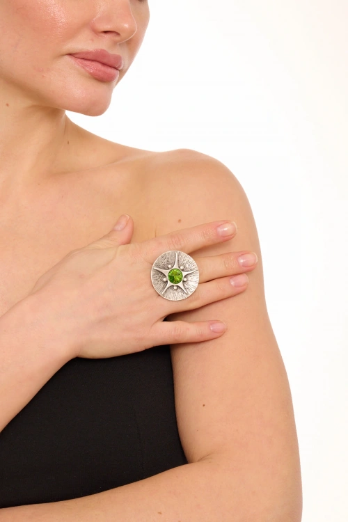 Kiraz Light Green Crystal Stoned Gold Plated Ring