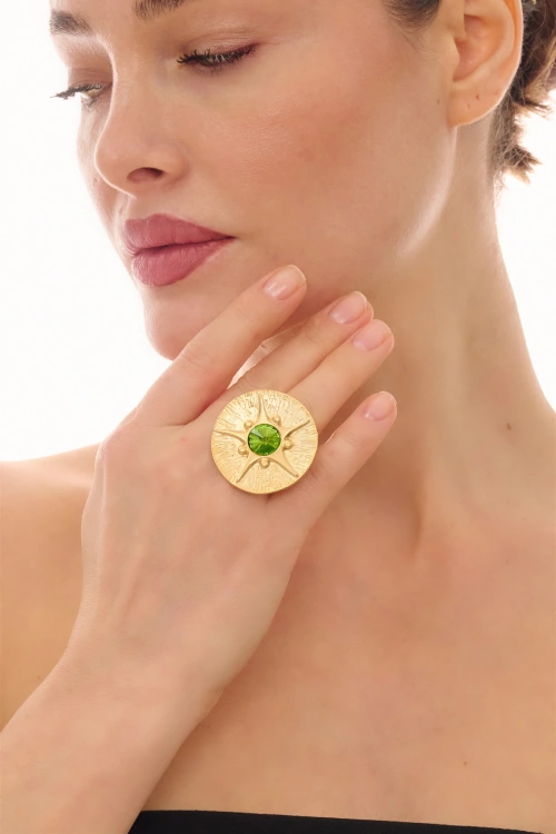 Kiraz Light Green Crystal Stoned Gold Plated Ring