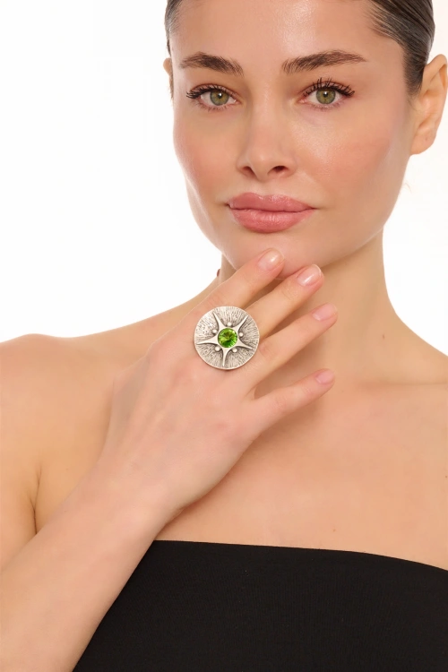 Kiraz Light Green Crystal Stoned Gold Plated Ring