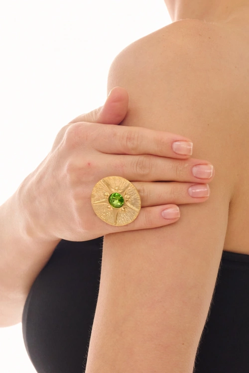 Kiraz Light Green Crystal Stoned Gold Plated Ring