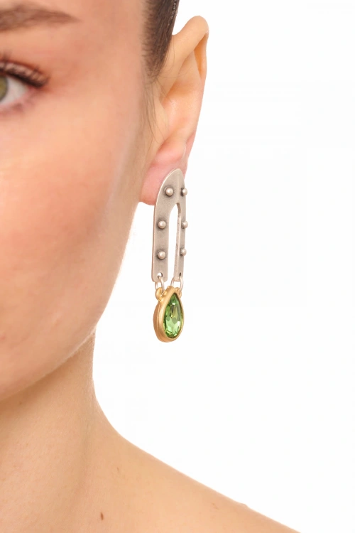 Kiraz Light Green Crystal Stoned Silver And Gold Plated Earring