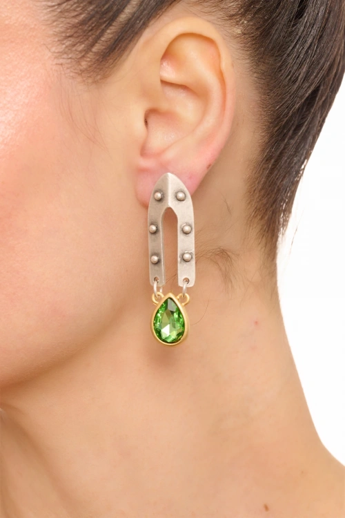 Kiraz Light Green Crystal Stoned Silver And Gold Plated Earring
