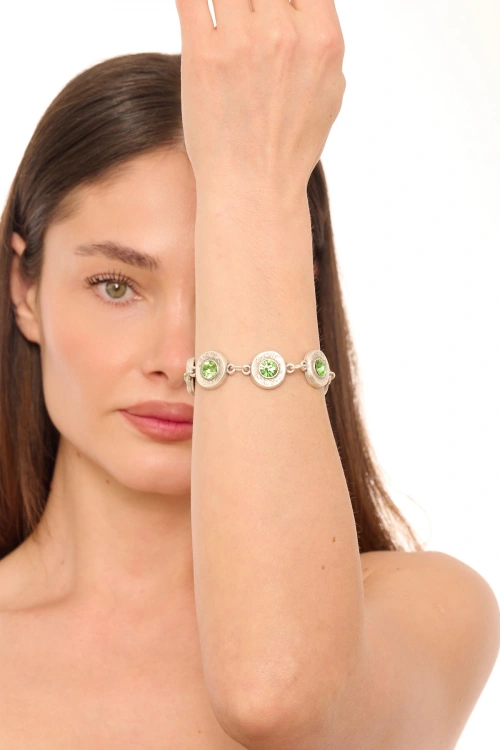 Kiraz Light Green Crystal Stoned Silver Plated Bracelet