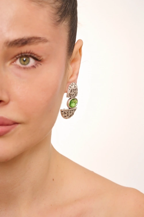 Kiraz Light Green Crystal Stoned Silver Plated Earring