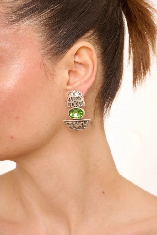 Kiraz Light Green Crystal Stoned Silver Plated Earring