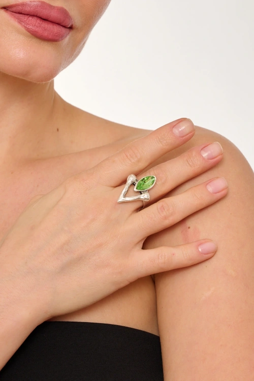 Kiraz Light Green Crystal Stoned Silver Plated Ring