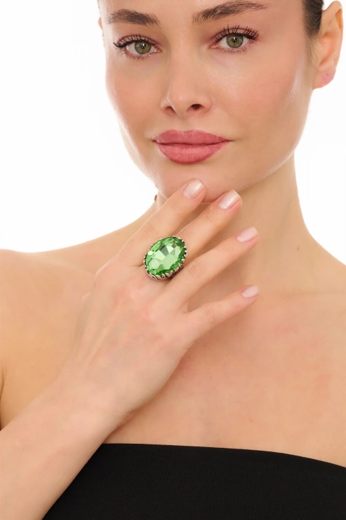 Kiraz Light Green Crystal Stoned Silver Plated Ring