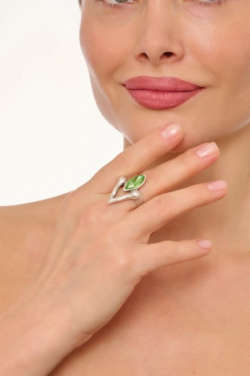 Kiraz Light Green Crystal Stoned Silver Plated Ring