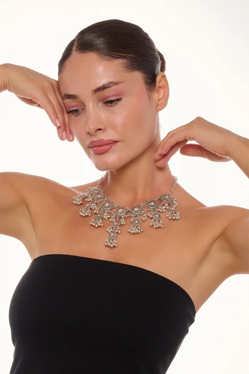 Kiraz White Crystal Stoned Silver Plated Necklace