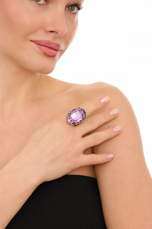Kiraz Lilac Crystal Stoned Silver Plated Ring