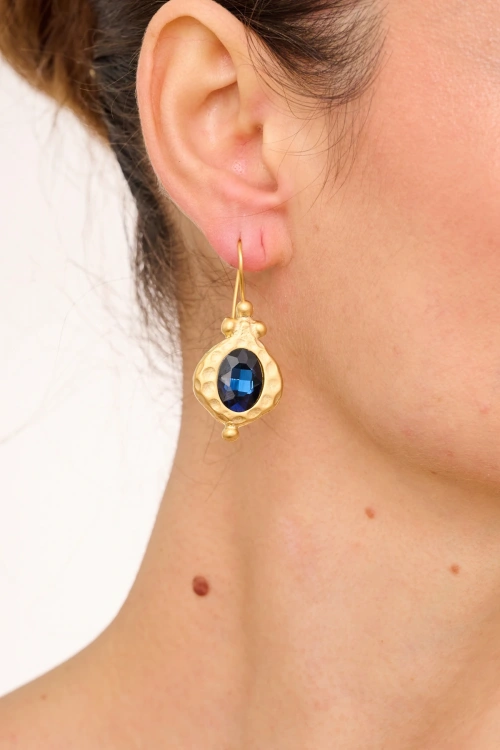 Kiraz Navy Blue Crystal Stoned Gold Plated Earring