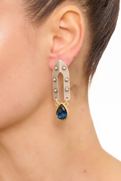 Kiraz Navy Blue Crystal Stoned Silver And Gold Plated Earring