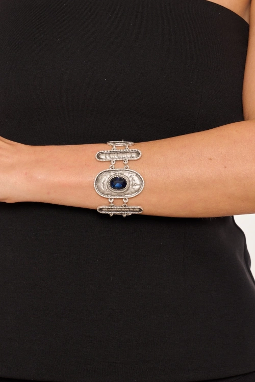 Kiraz Navy Blue Crystal Stoned Silver Plated Bracelet