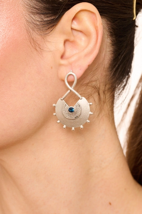 Kiraz Navy Blue Crystal Stoned Silver Plated Earring