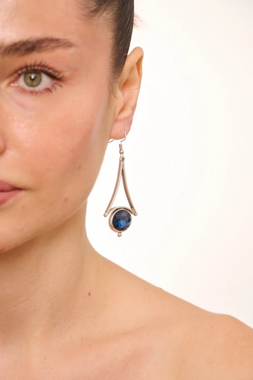 Kiraz Navy Blue Crystal Stoned Silver Plated Earring