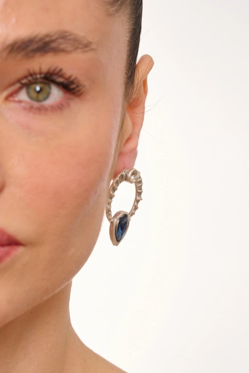 Kiraz Navy Blue Crystal Stoned Silver Plated Earring