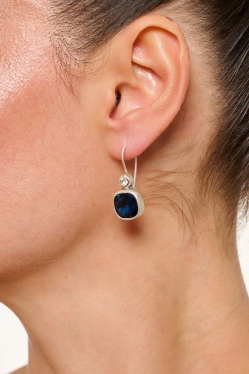 Kiraz Navy Blue Crystal Stoned Silver Plated Earring