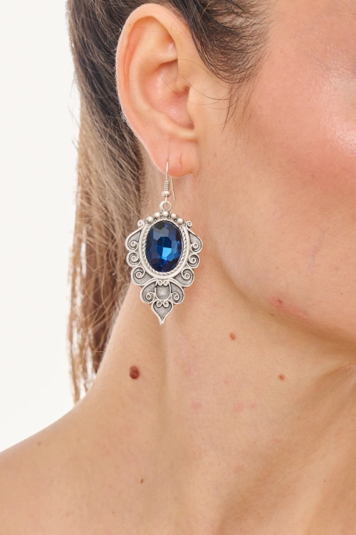 Kiraz Navy Blue Crystal Stoned Silver Plated Earring