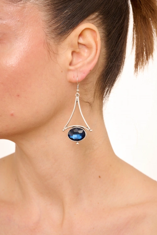 Kiraz Navy Blue Crystal Stoned Silver Plated Earring
