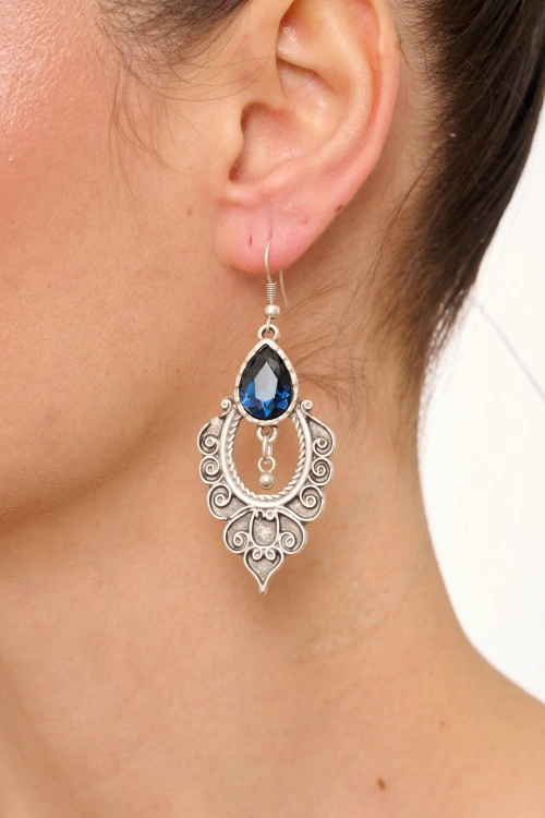 Kiraz Navy Blue Crystal Stoned Silver Plated Earring